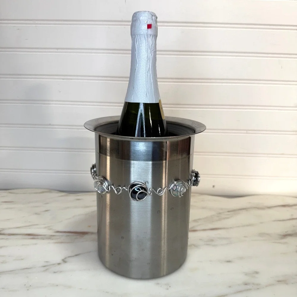 OGGI Stainless Steel Wine Champagne Chiller Ice Bucket Silver Wire Wrap Detail